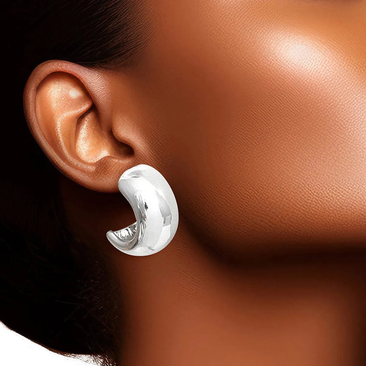 White Gold Hoop Earrings – 14K Dipped Wide Moon, Hypoallergenic, Lead & Nickel Compliant