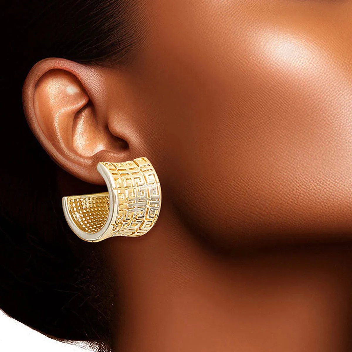 Gold Hoop Earrings 14K Dipped Wide Greek Key Hypoallergenic Brass Women’s Fashion
