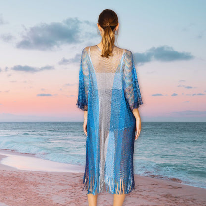 Lurex Kimono Blue Gradient Stripe Knit Cover Up with Fringe Edge – Women's One Size Pinktown
