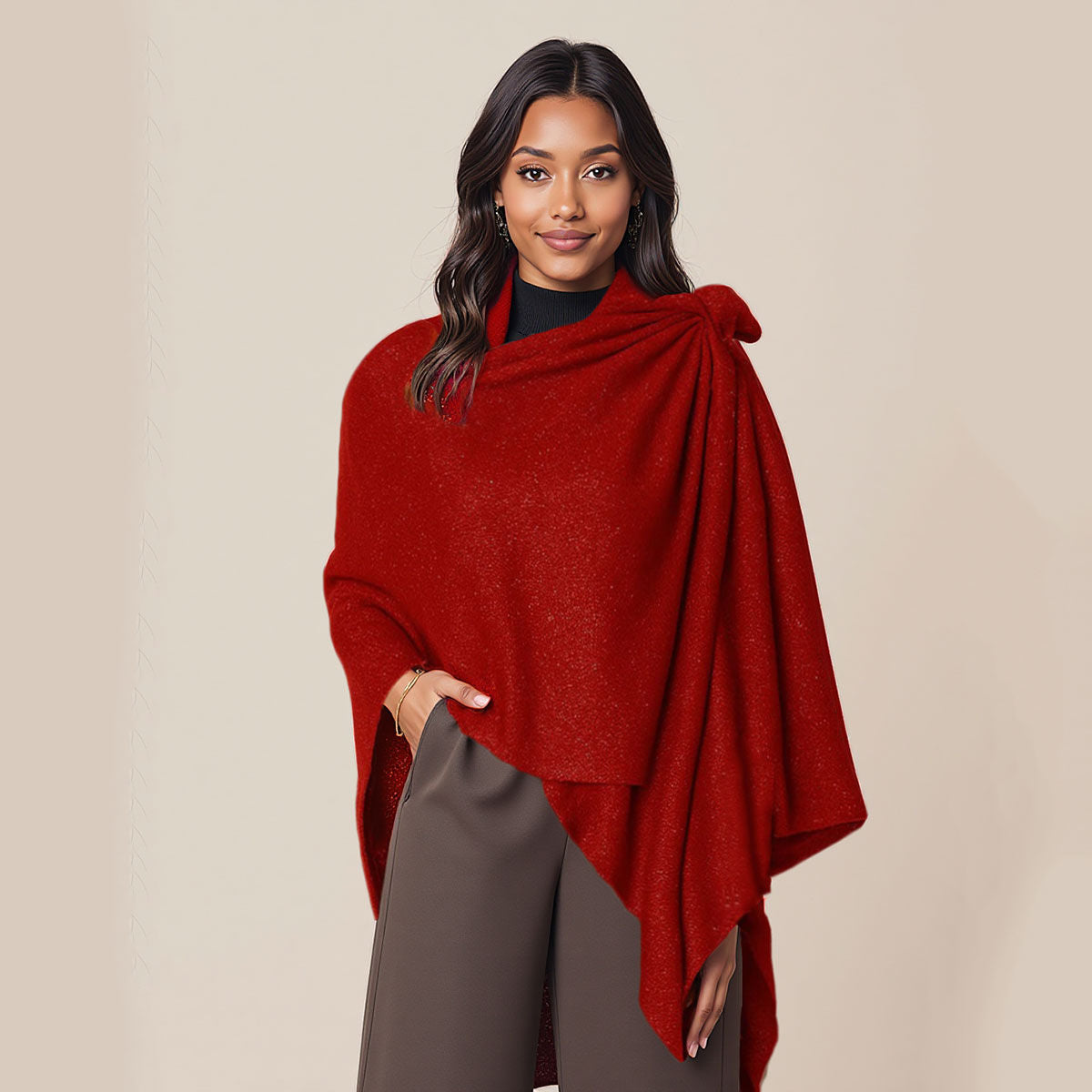 Red Ruana Knit Shoulder Wrap, One-shoulder Metallic Effect