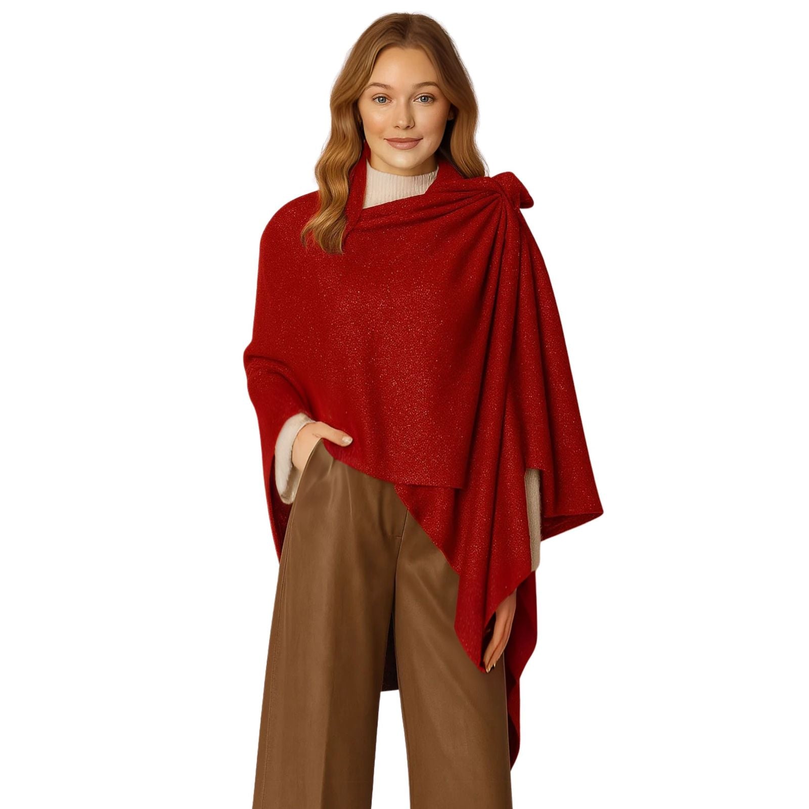 Red Ruana Knit Shoulder Wrap, One-shoulder Metallic Effect