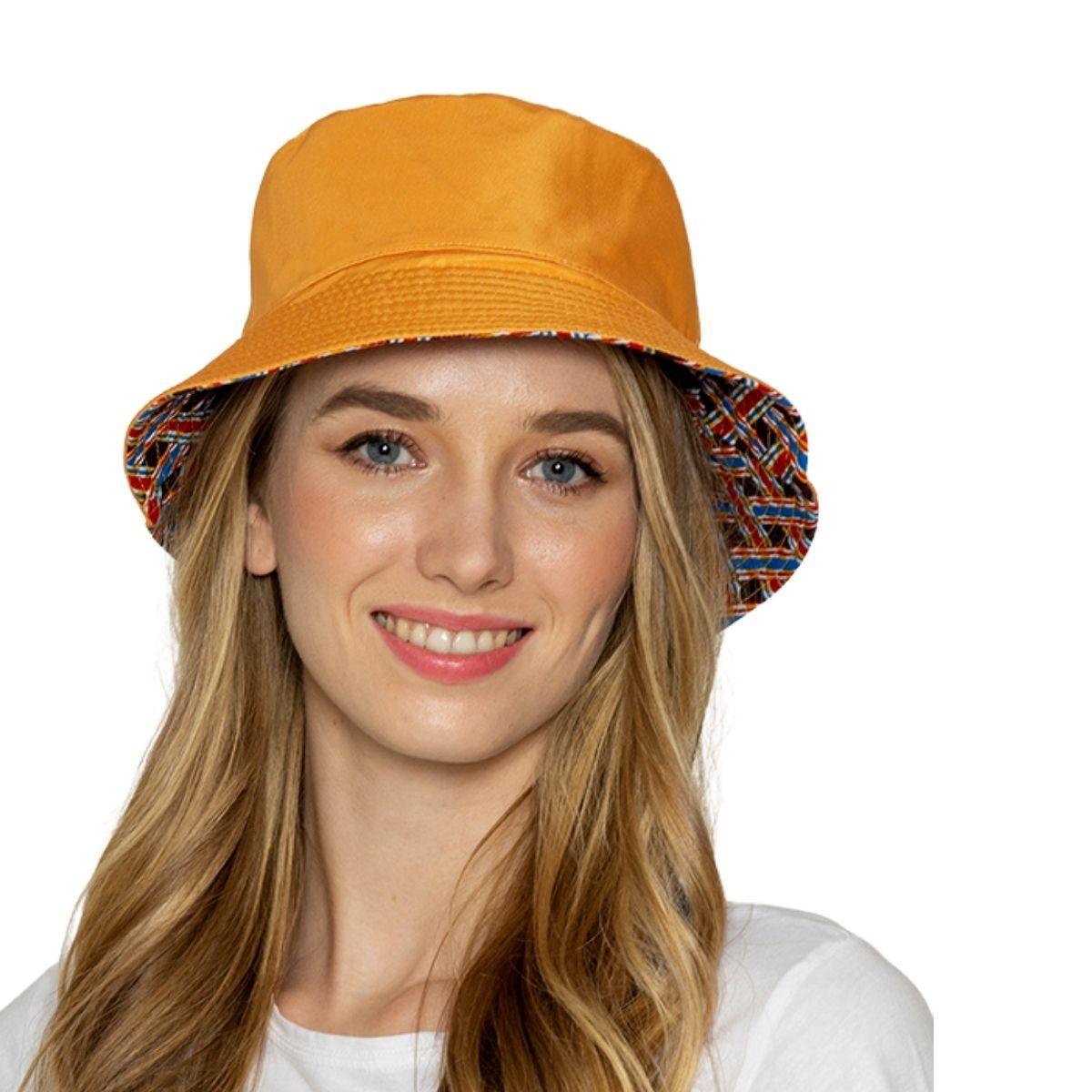 Ladies Bucket Hat Lattice Print Brown/Multicolor