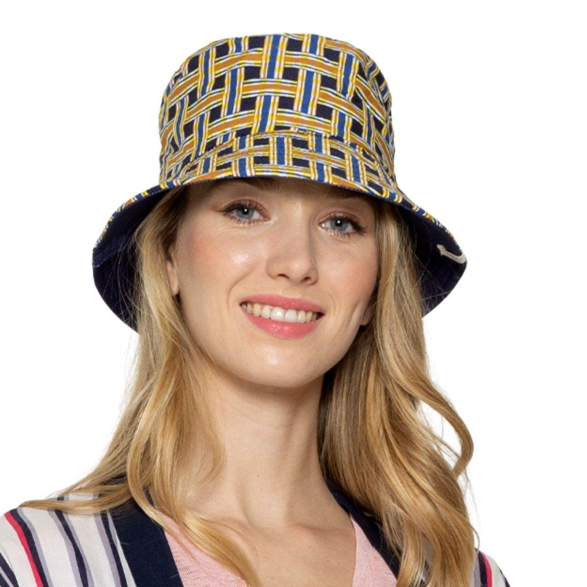 Ladies Bucket Hat Lattice Print Navy/Multicolor