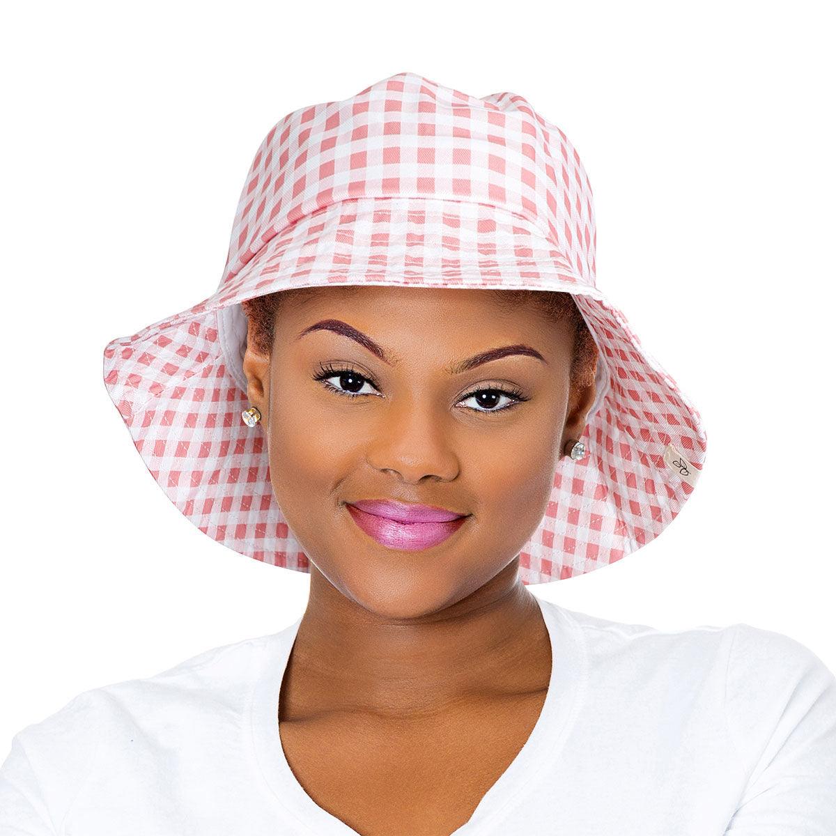 Ladies Drawstring Bucket Hat Pink and White Print