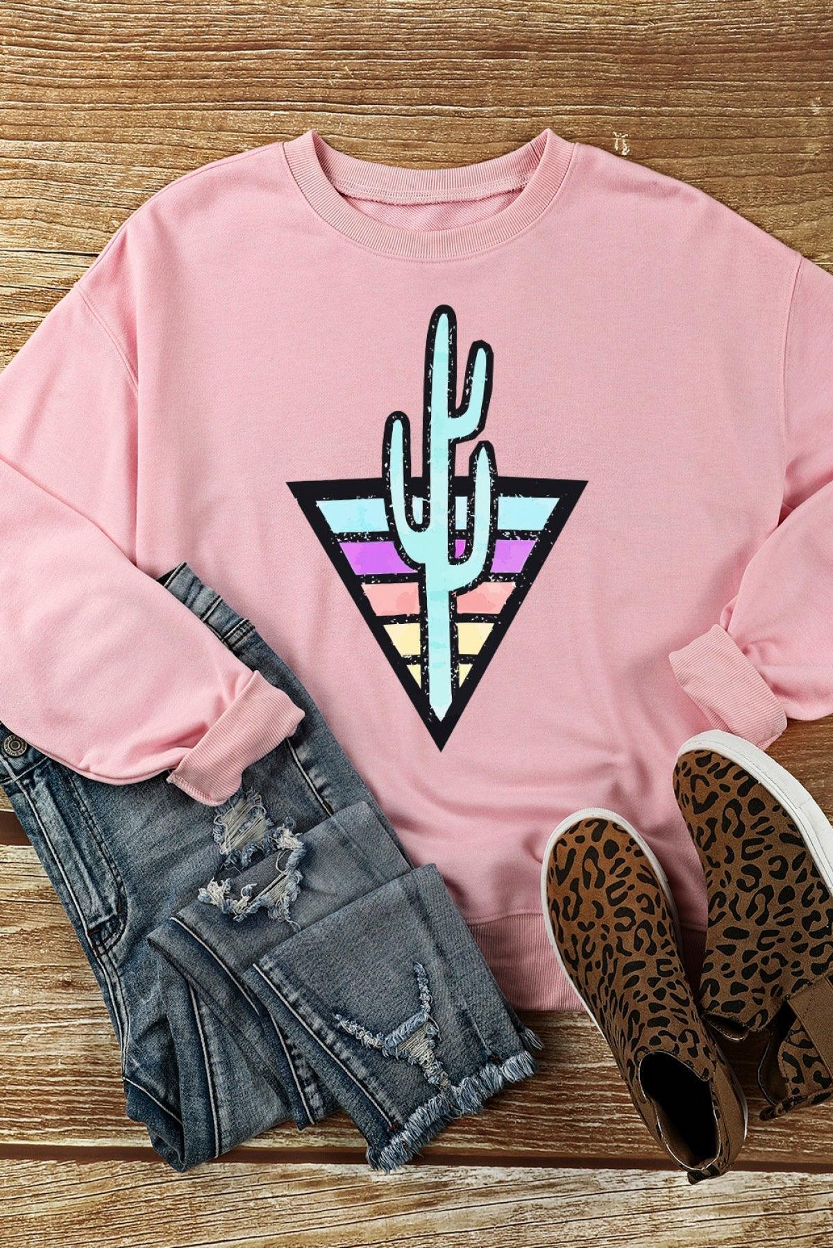 Ladies Pink Pullover Sweatshirt Cactus on Multicolor Triangle