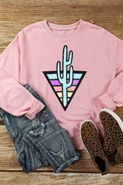 Ladies Pink Pullover Sweatshirt Cactus on Multicolor Triangle