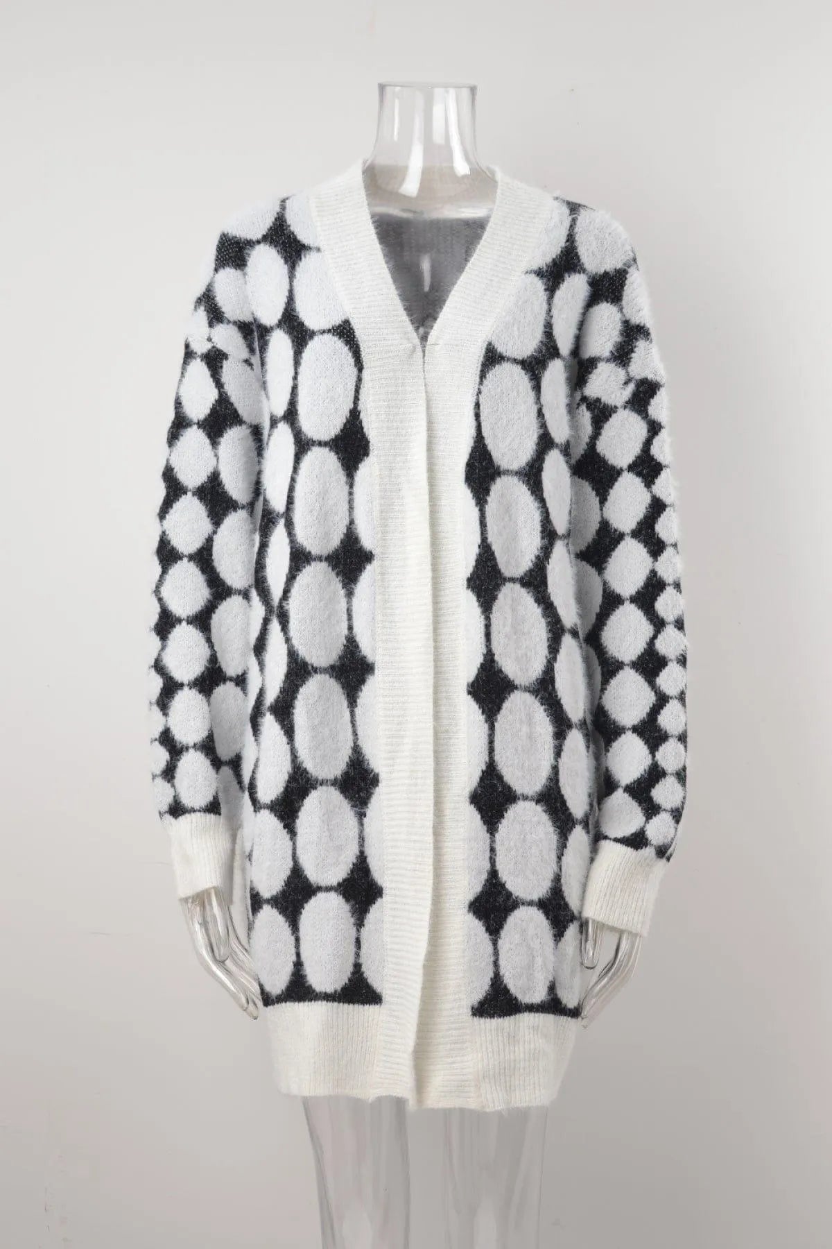 Lantern Sleeve Polka Dot Fluffy Sweater Cardigan