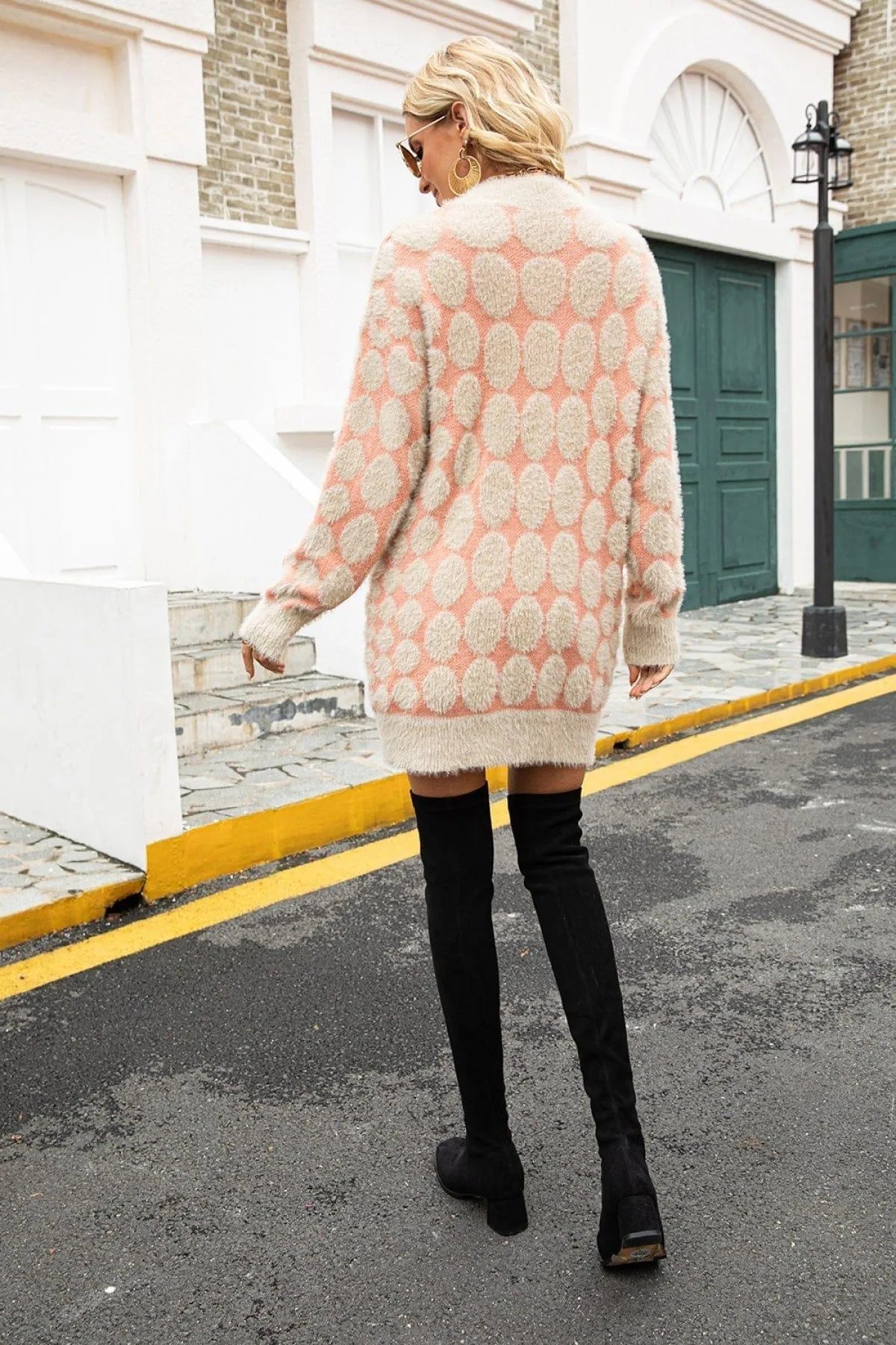 Lantern Sleeve Polka Dot Fluffy Sweater Cardigan