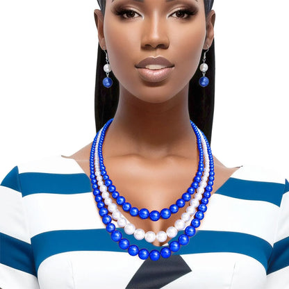 Layered Pearl Necklace with Earrings in Blue, White, Silver