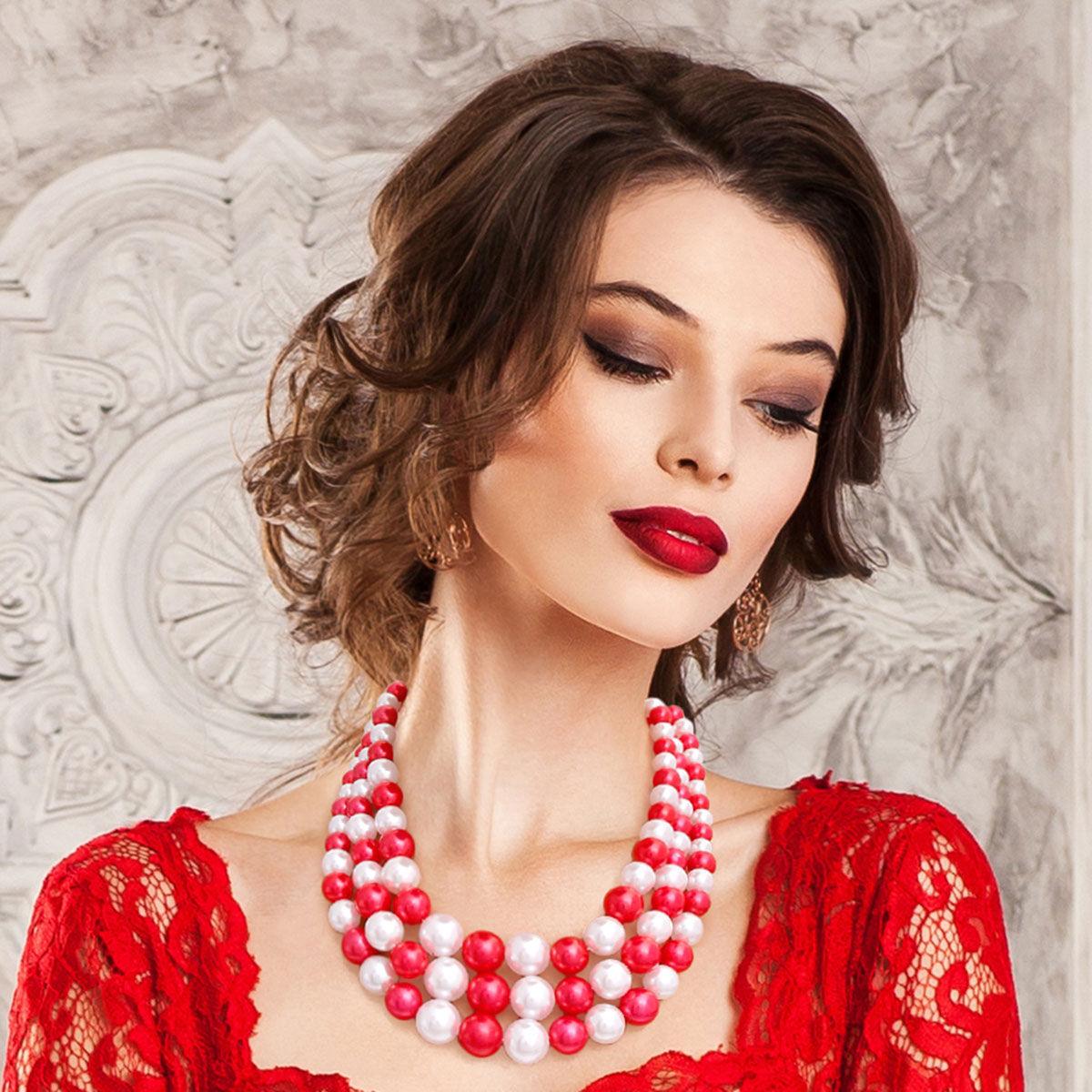 Layered Pearl Necklace with Earrings in Red, White, Silver