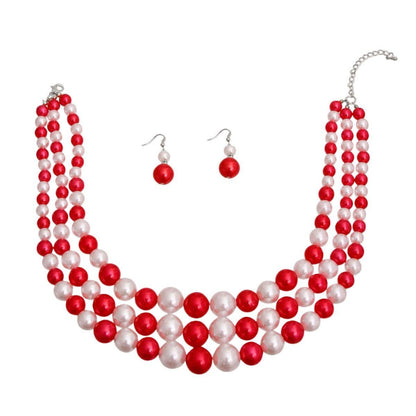 Layered Pearl Necklace with Earrings in Red, White, Silver