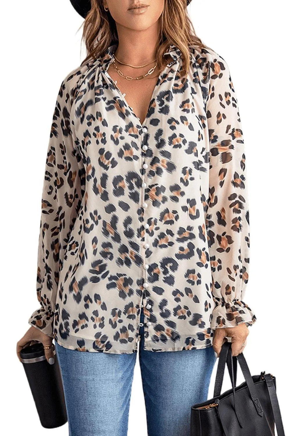 Leopard Print V Neck Lantern Sleeve Buttons Shirt