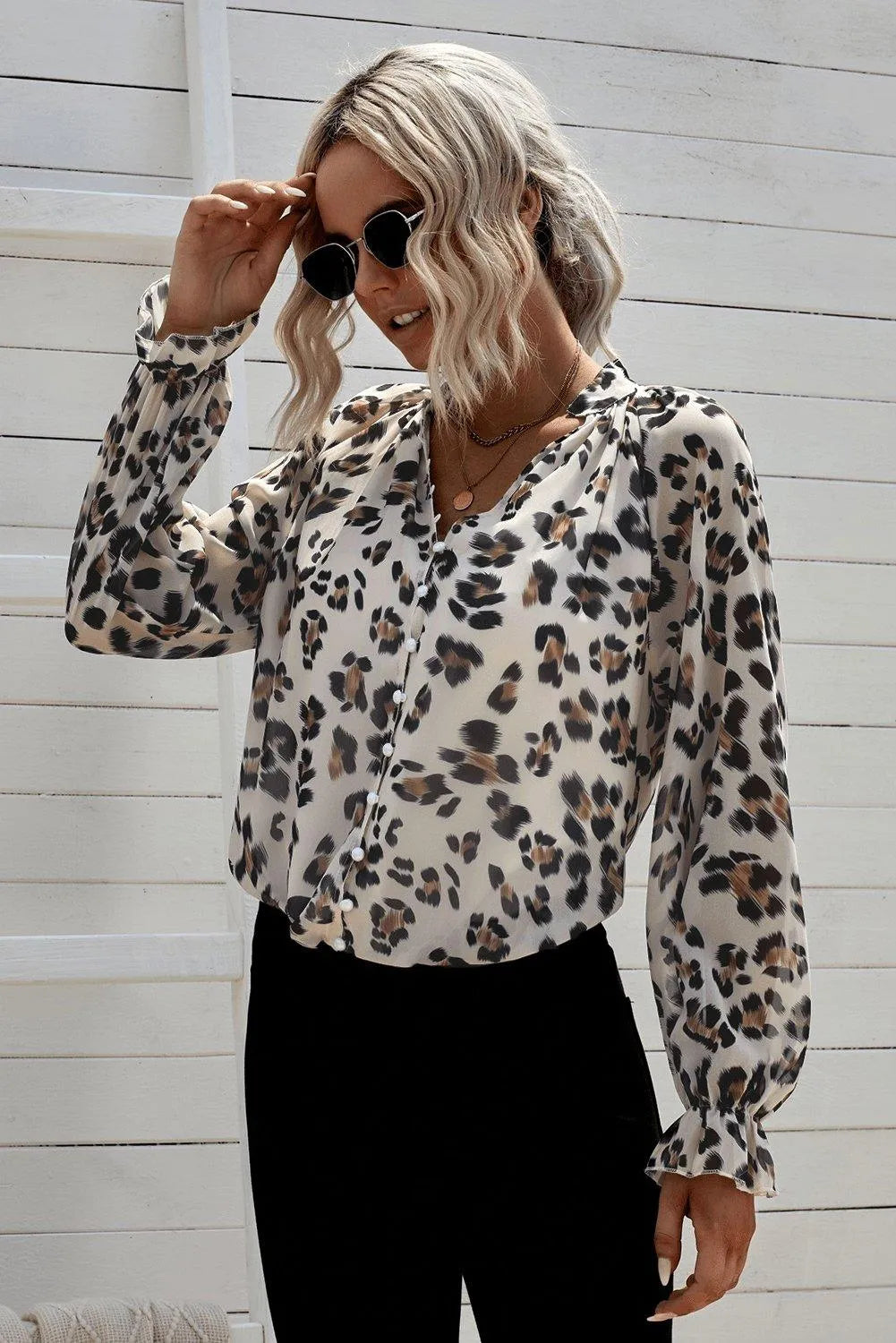 Leopard Print V Neck Lantern Sleeve Buttons Shirt