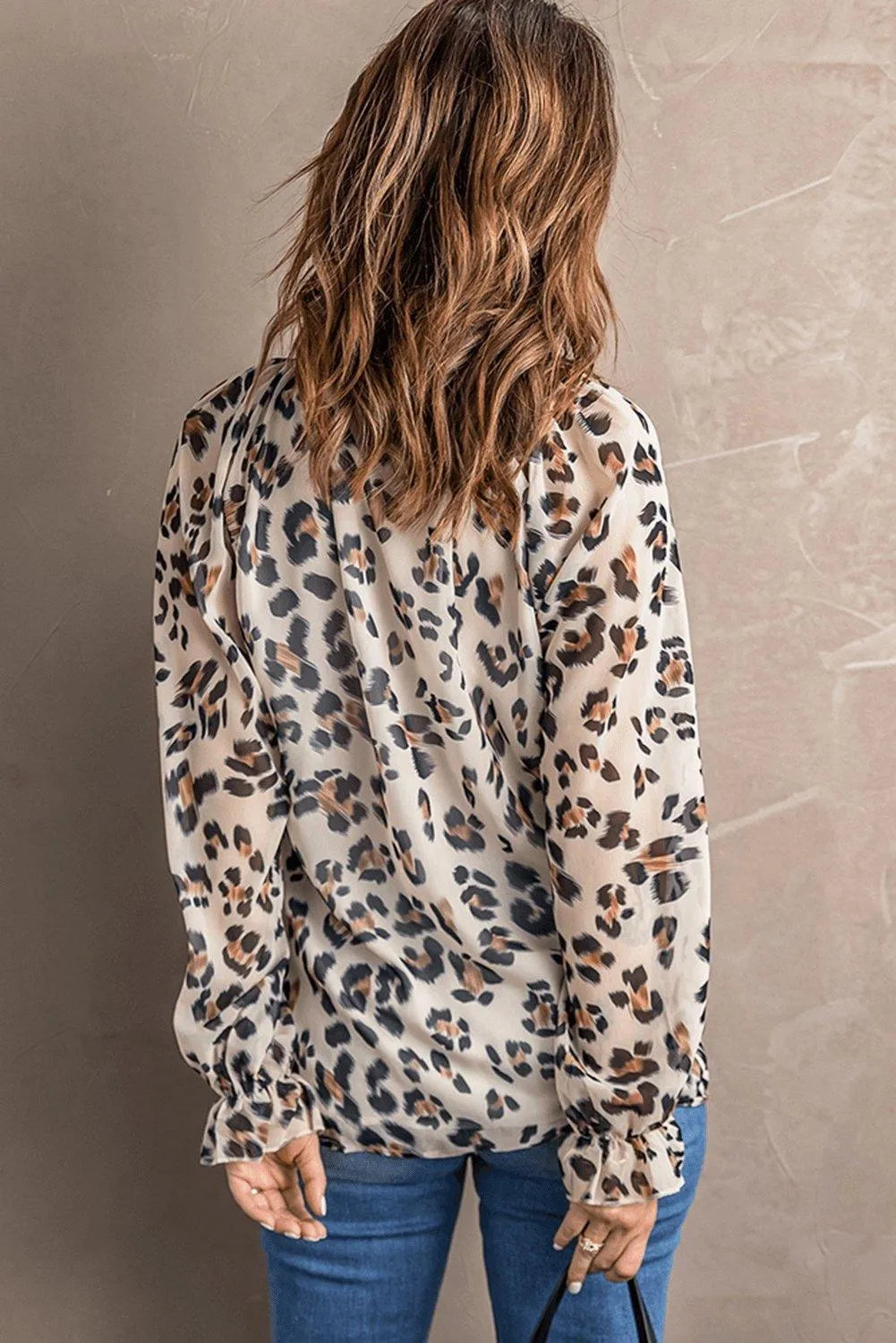 Leopard Print V Neck Lantern Sleeve Buttons Shirt