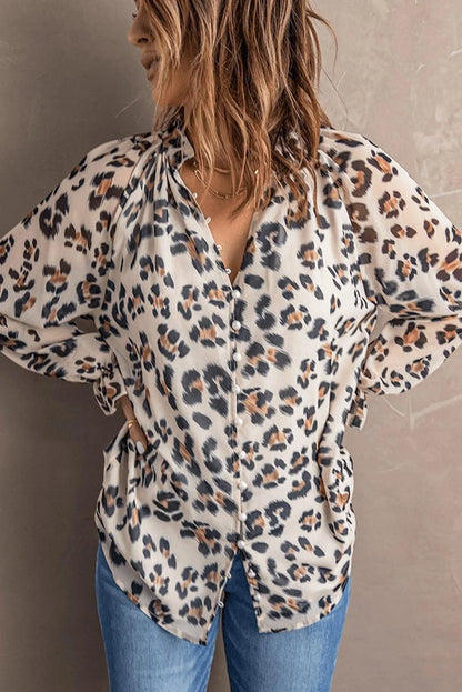 Leopard Print V Neck Lantern Sleeve Buttons Shirt