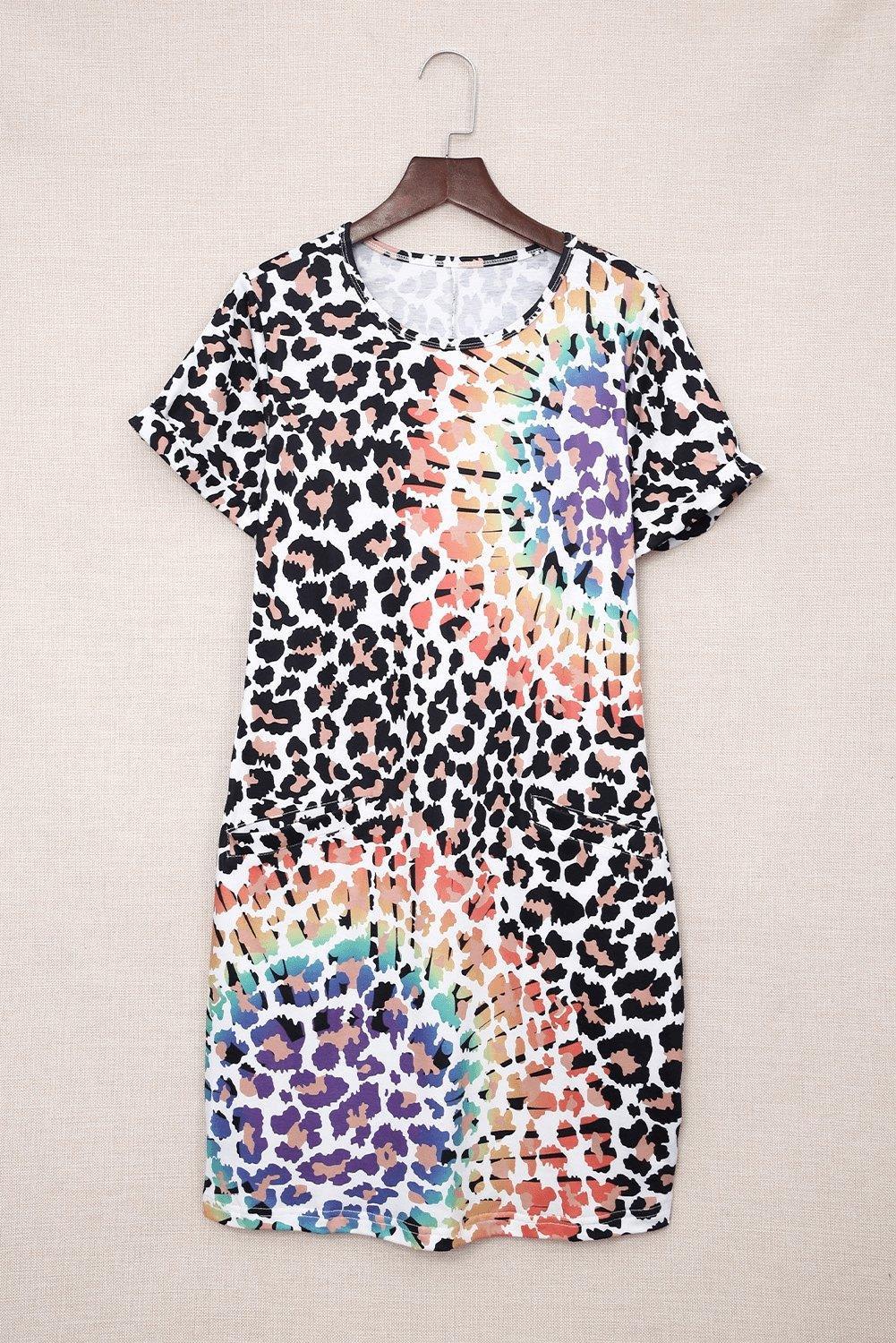 Leopard Reverse Tie Dye Rainbow Pocket Mini Dress