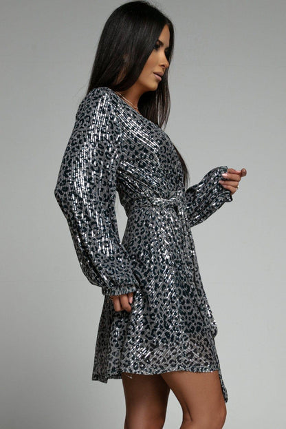 Leopard Sequins V Neck Wrap Dress With Tie Gray