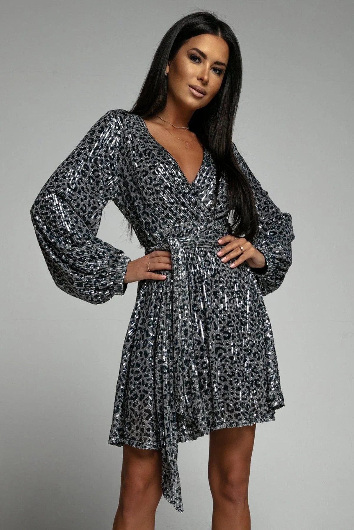 Leopard Sequins V Neck Wrap Dress With Tie Gray