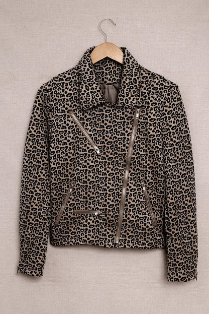 Leopard Zipped Notch Collar Short Jacket