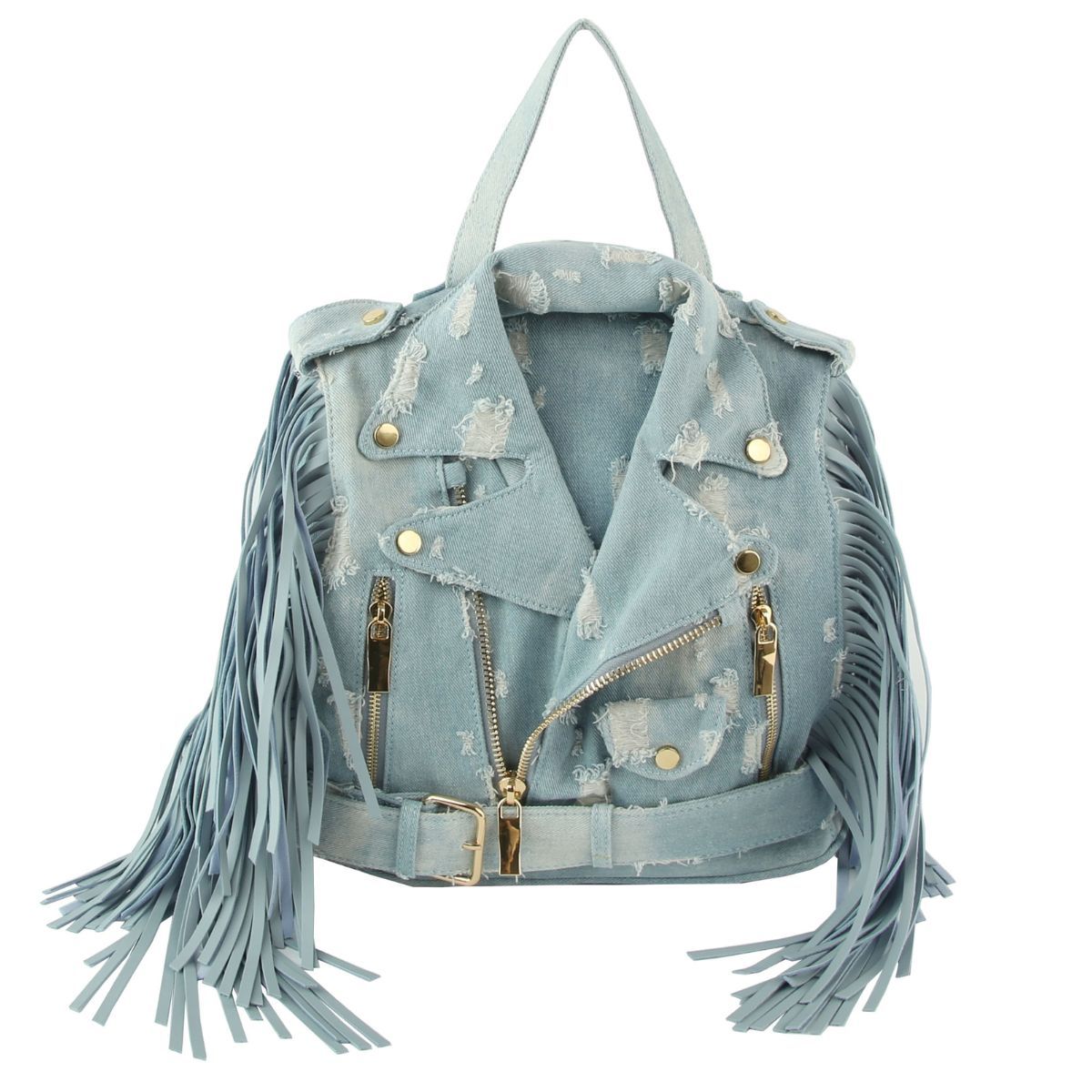 Denim Backpack for Women Distressed Fringe Jacket Handbag