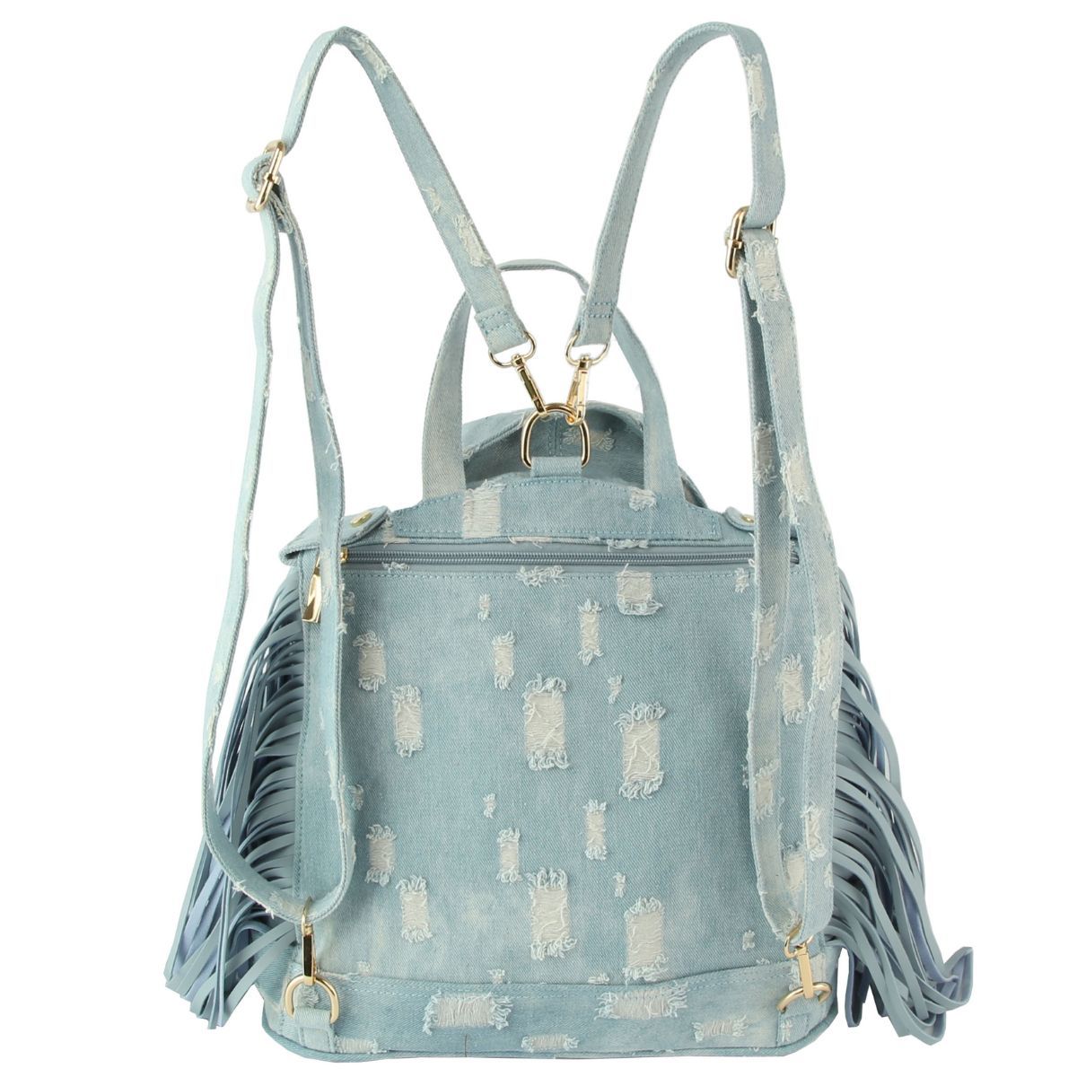 Denim Backpack for Women Distressed Fringe Jacket Handbag