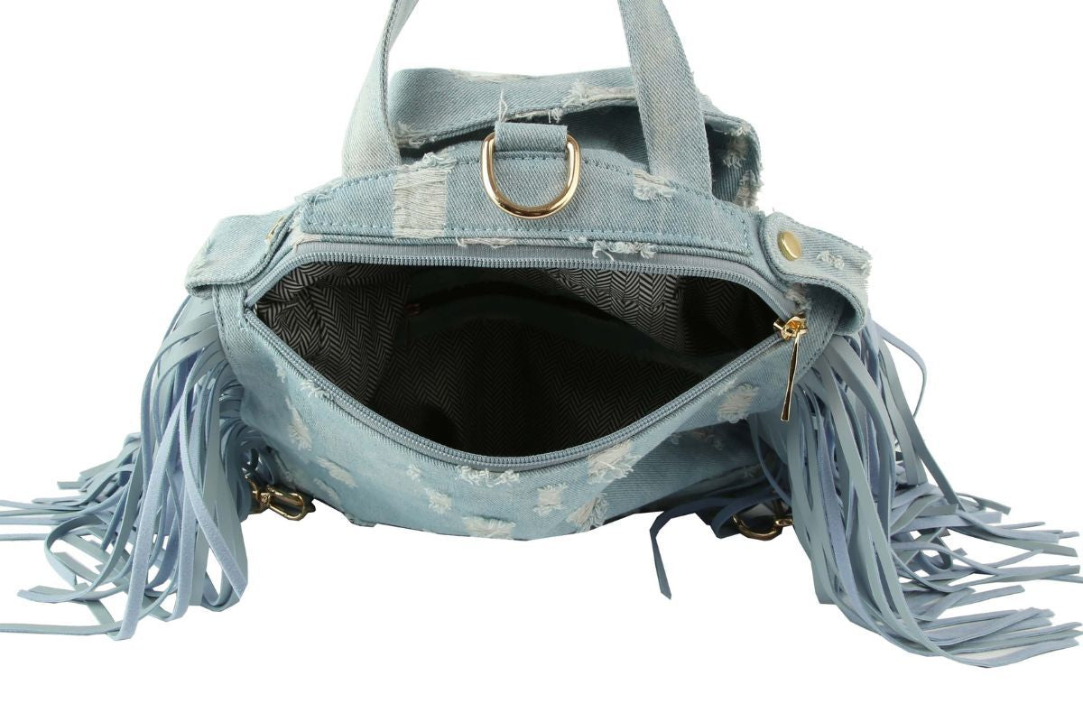 Denim Backpack for Women Distressed Fringe Jacket Handbag