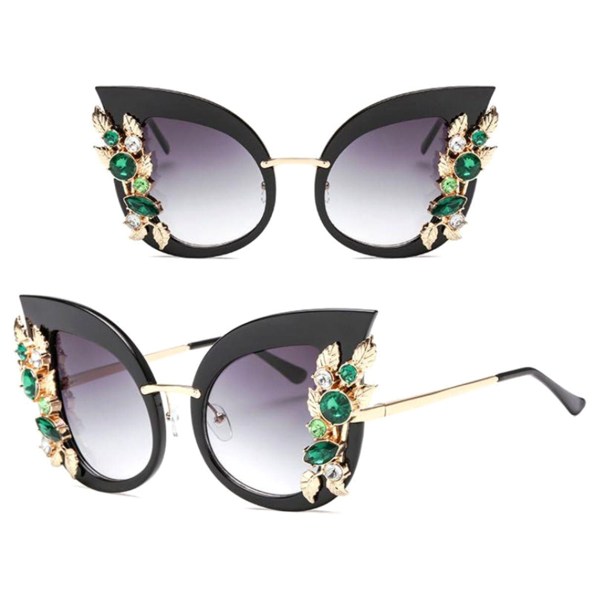 Retro Style Cat Eye Black Sunglasses – Green Glam Detailing Pinktown