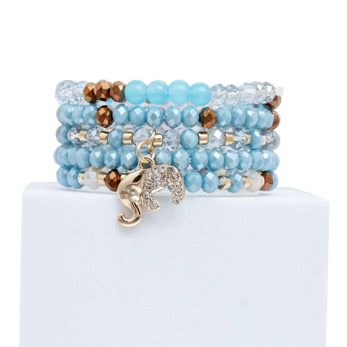 Light Blue Bead Bracelet Set Elephant Charm