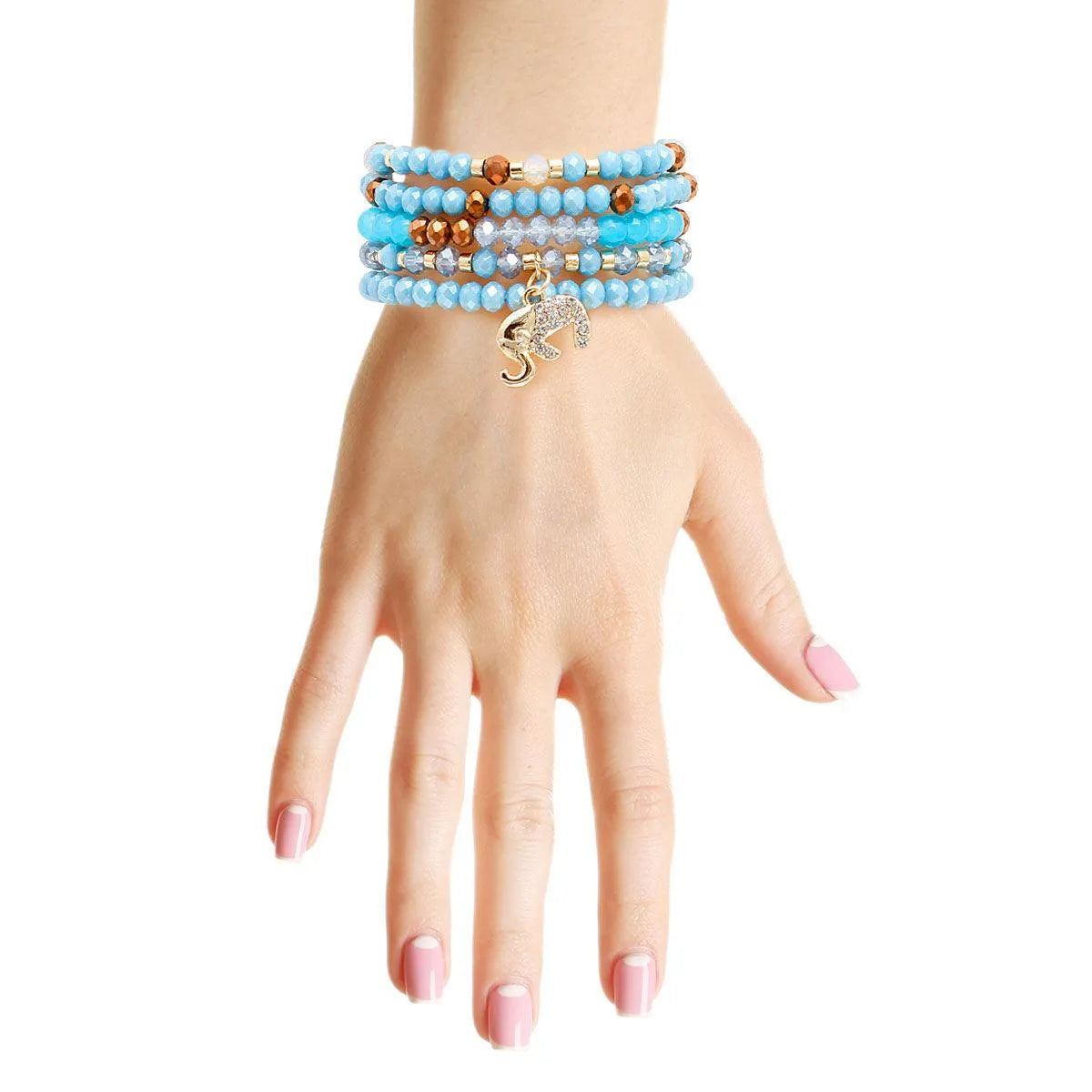 Light Blue Bead Bracelet Set Elephant Charm