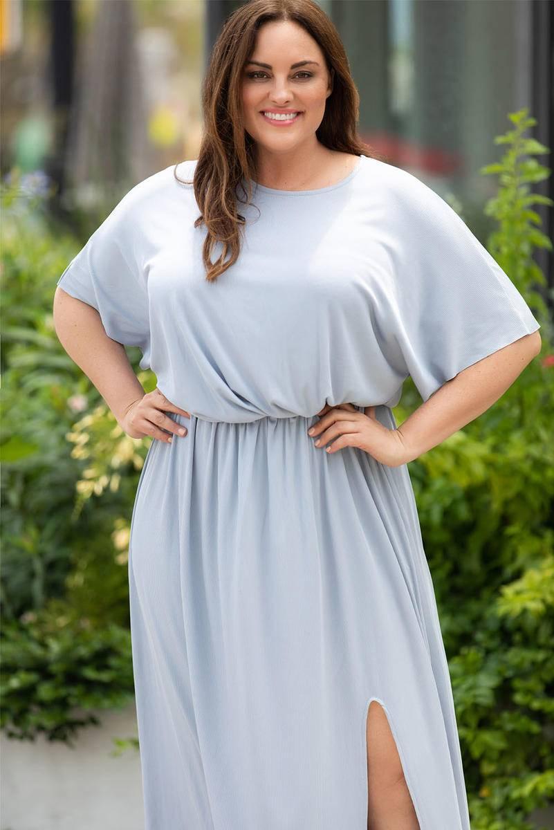 Light Blue Plus Size Rib Knit Maxi Dress with Slit – Perfect for Summer