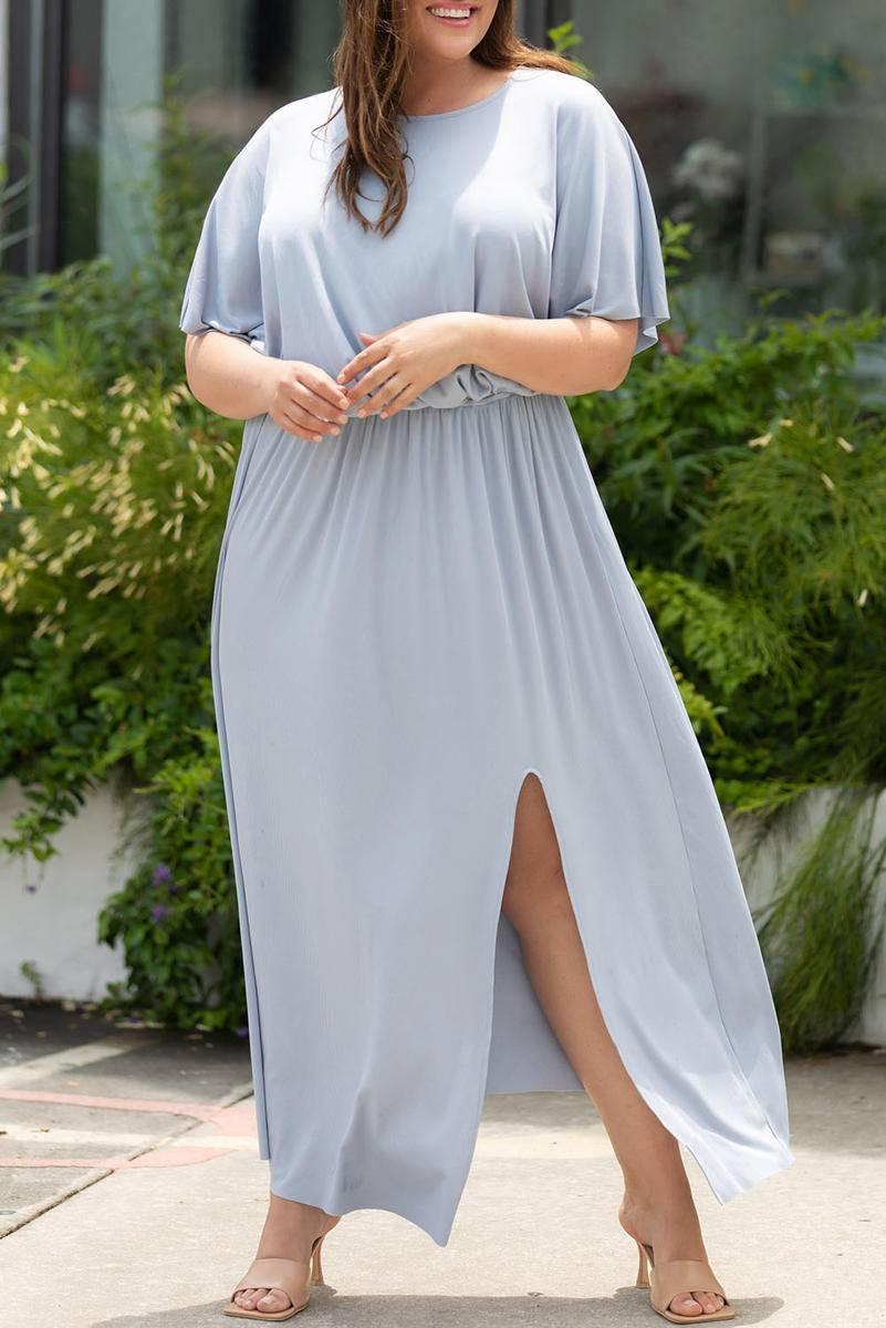 Light Blue Plus Size Rib Knit Maxi Dress with Slit – Perfect for Summer