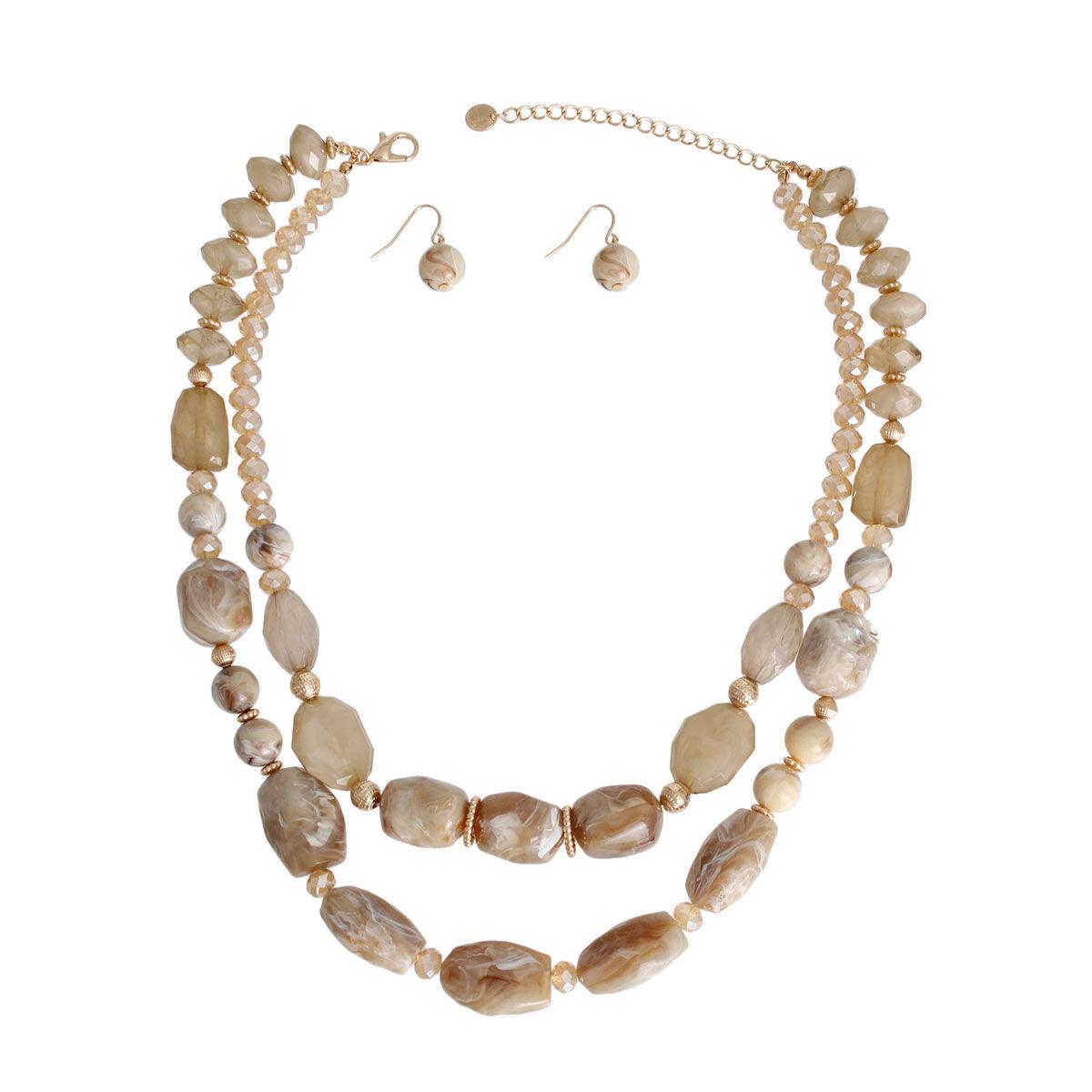 Light Brown Marbled Bead Necklace & Earring Set - Perfect Accessory for You!