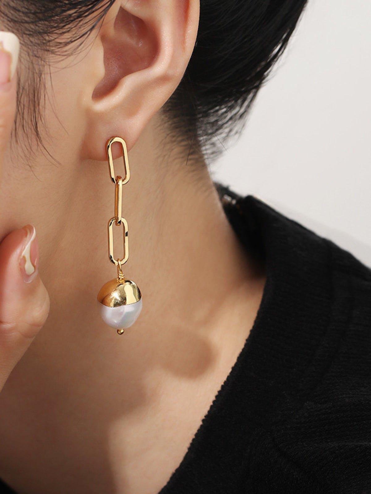 Link Chain Pearl Drop Fashion Earrings Gold Plated