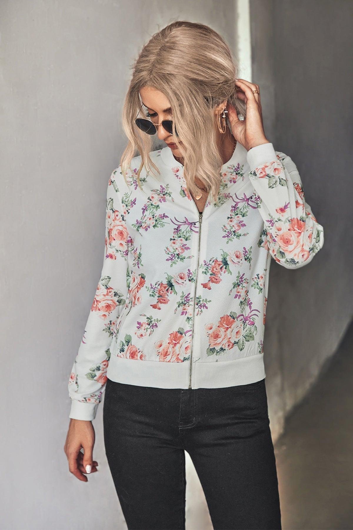 Long-Sleeve Floral Zipper Jacket for Women