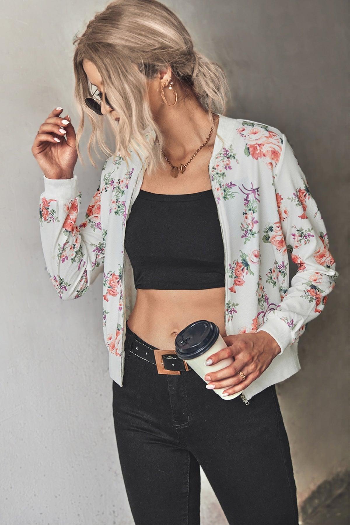Long-Sleeve Floral Zipper Jacket for Women