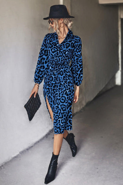 Long-Sleeved Slit Midi Dress in Leopard Print with Belt
