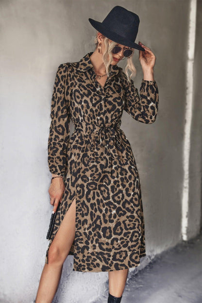 Long-Sleeved Slit Midi Dress in Leopard Print with Belt