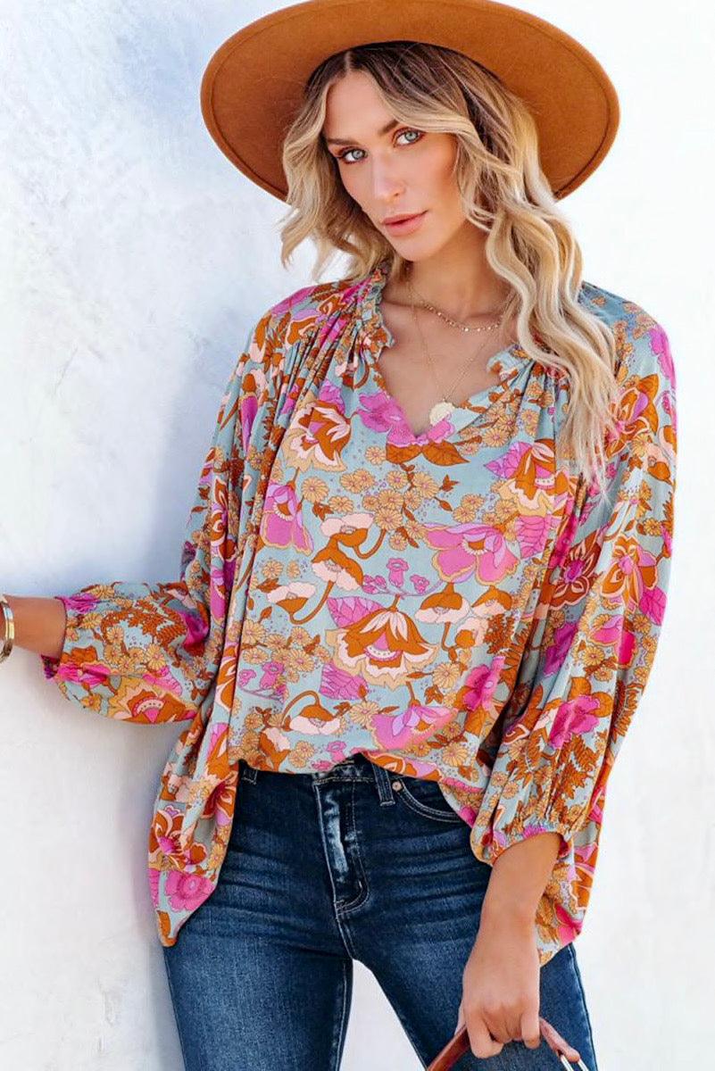 Loose and Lovely: Floral Print V Neck Blouse