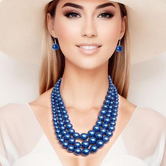 Lustrous Celebration Triple Strand Blue Pearl Necklace Set - Stunning Gems for Unforgettable Moments!