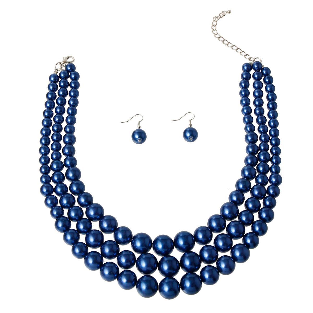 Lustrous Celebration Triple Strand Blue Pearl Necklace Set - Stunning Gems for Unforgettable Moments!