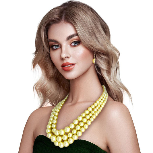 Lustrous Celebration Triple Strand Green Pearl Necklace Set - Stunning Gems for Unforgettable Moments!