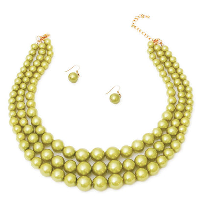 Lustrous Celebration Triple Strand Green Pearl Necklace Set - Stunning Gems for Unforgettable Moments!