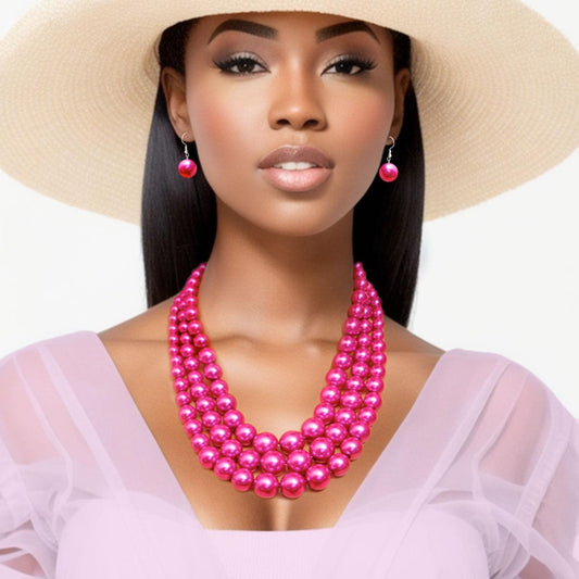 Lustrous Celebration Triple Strand Pink Pearl Necklace Set - Stunning Gems for Unforgettable Moments!