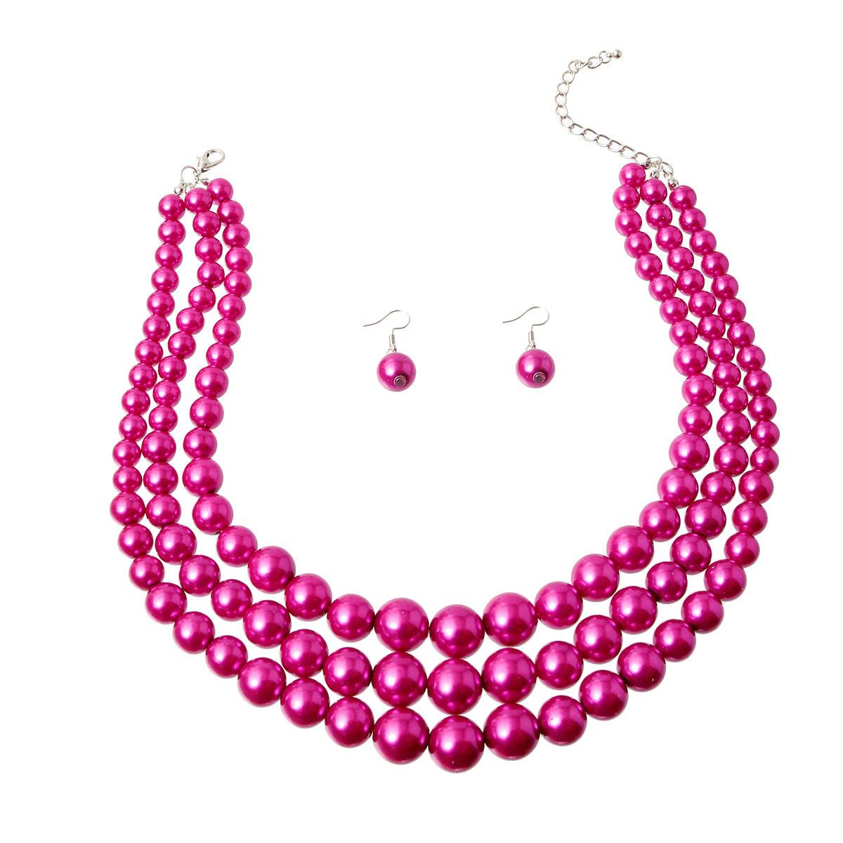Lustrous Celebration Triple Strand Pink Pearl Necklace Set - Stunning Gems for Unforgettable Moments!
