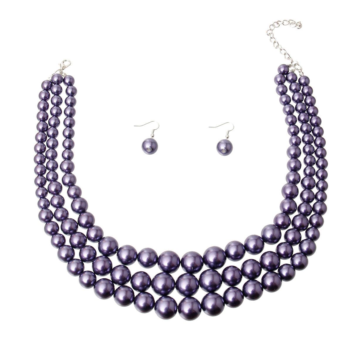 Lustrous Celebration Triple Strand Purple Pearl Necklace Set - Stunning Gems for Unforgettable Moments!