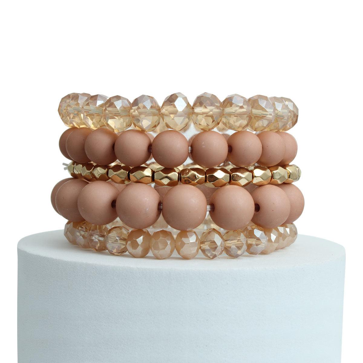 Matte Light Brown Ball and Faceted Stacked Bracelets