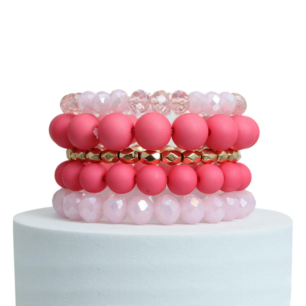 Matte Pink Ball and Faceted Stackable Bracelets