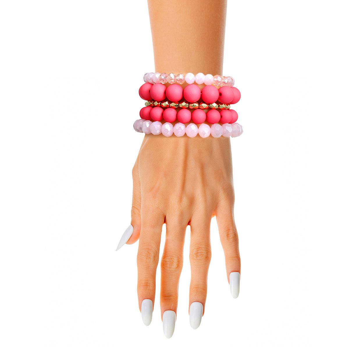 Matte Pink Ball and Faceted Stackable Bracelets