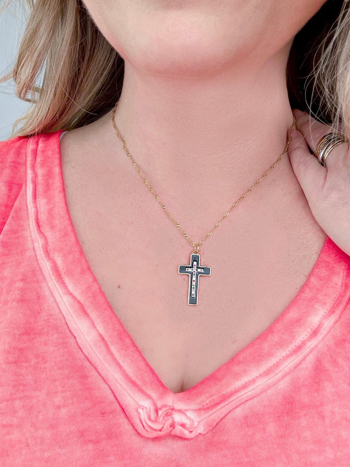 Melania Clara, Enameled and Crystal Cross Pendant Necklace