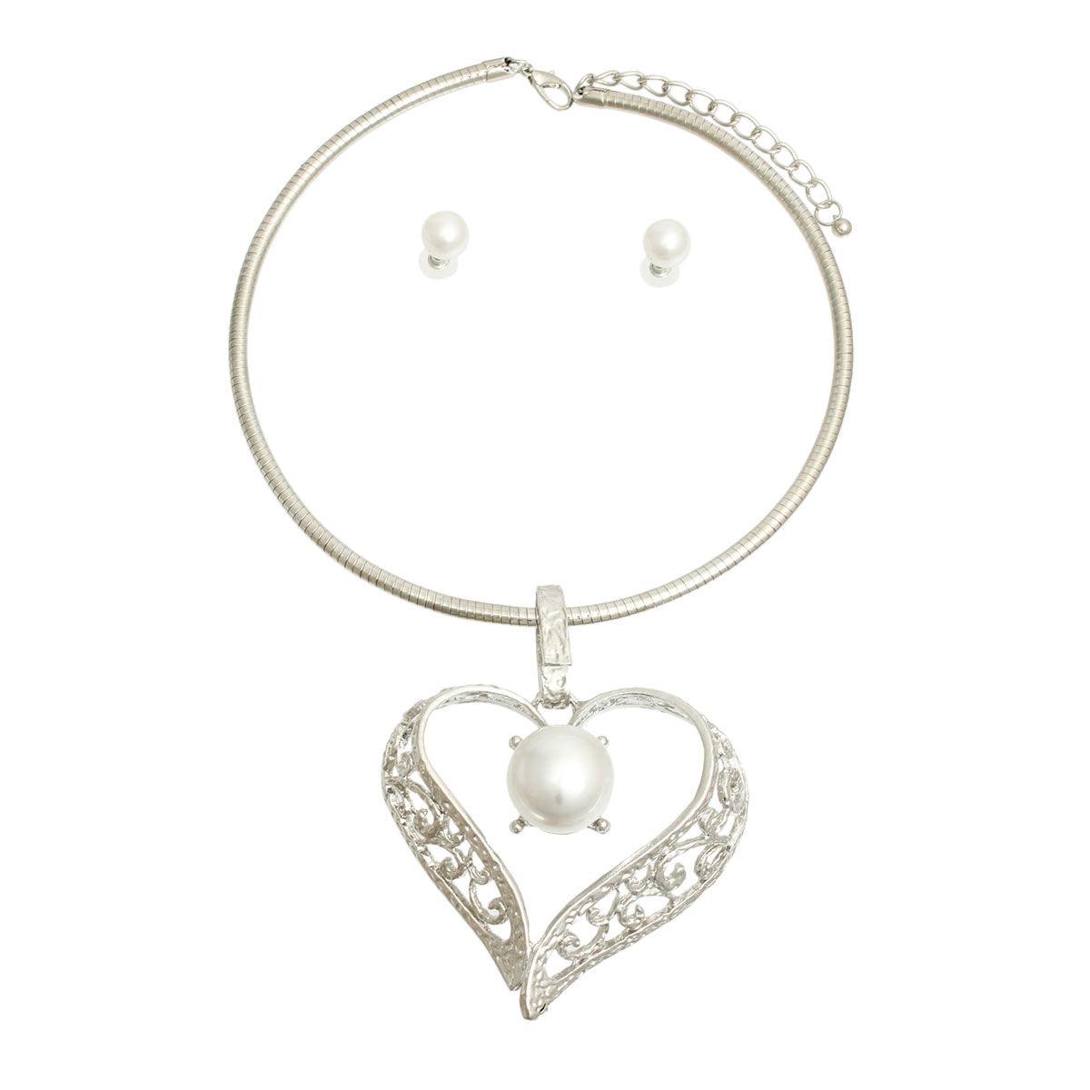 Modernist Open Heart Necklace Set Silver Plated
